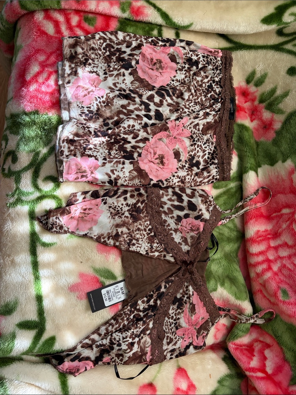Lace-Trim Floral & Animal Print Sleep Set - Pink & Brown